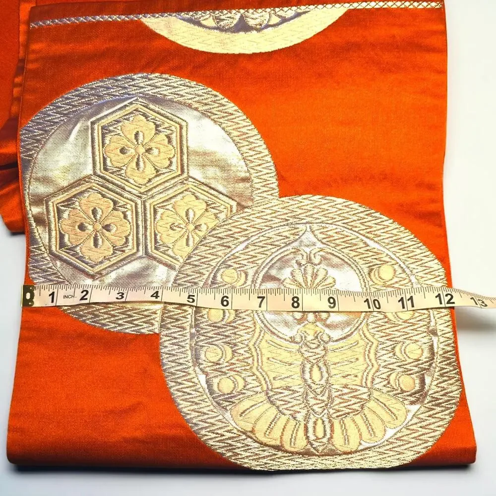 VTG Japanese Silk Fukuro Obi Vermilion Orange Gold Brocade  Kimono Sash 164